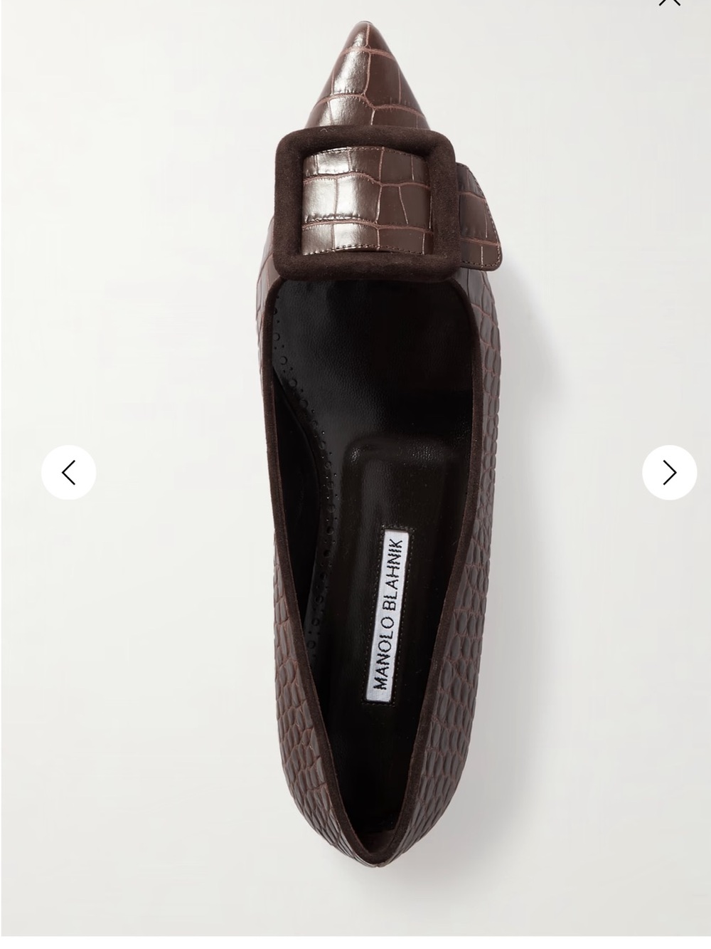 Manolo Blahnik Maysale Buckled Chocolate Brown Croc Flats.